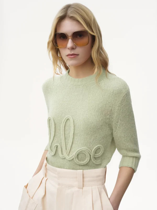 Chloe Elbow-Sleeve Logo Sweater In Alpaca Wool Silk Knit