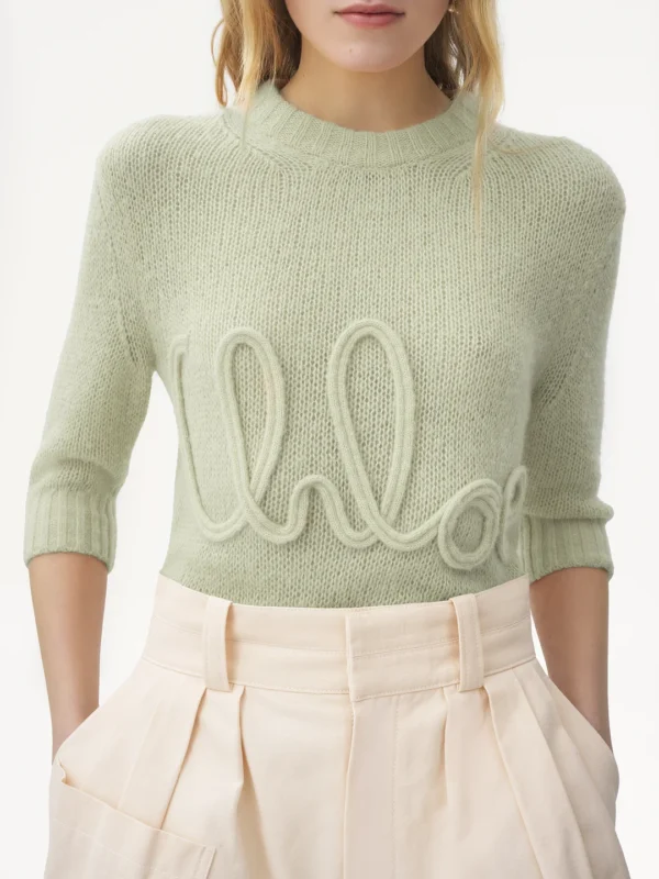 Chloe Elbow-Sleeve Logo Sweater In Alpaca Wool Silk Knit - Image 5