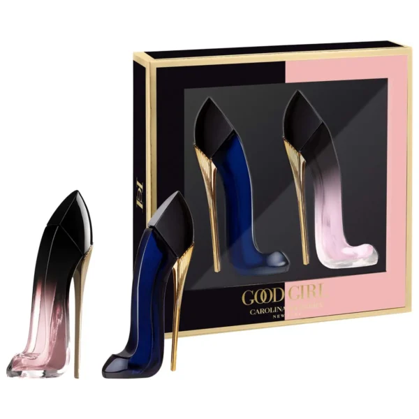 Set parfum mini Carolina Herrera Good Girl & Blush Elixir dengan desain botol sepatu ikonik tampak depan