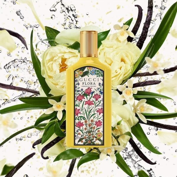 Detail botol parfum mini Gucci Flora Gorgeous Magnolia EDP berwarna kuning elegan tampak depan