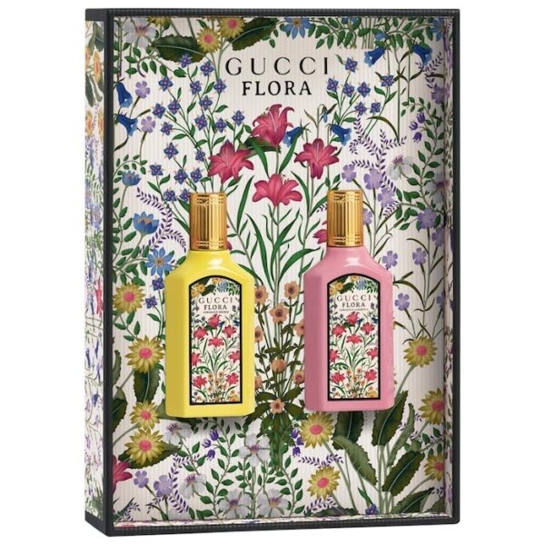 Set parfum mini Gucci Flora Gorgeous Gardenia & Gorgeous Magnolia EDP tampak depan dengan botol elegan