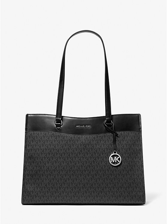 Tas Michael Kors Jet Set Travel Tote besar berwarna hitam dari kulit Saffiano dengan perangkat keras berwarna emas, tas tangan mewah terjangkau yang populer.