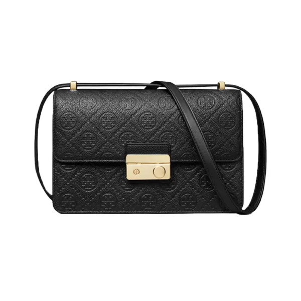 Tas berwarna hitam dengam bentuk logam depan dan tali panjang dari tory burch